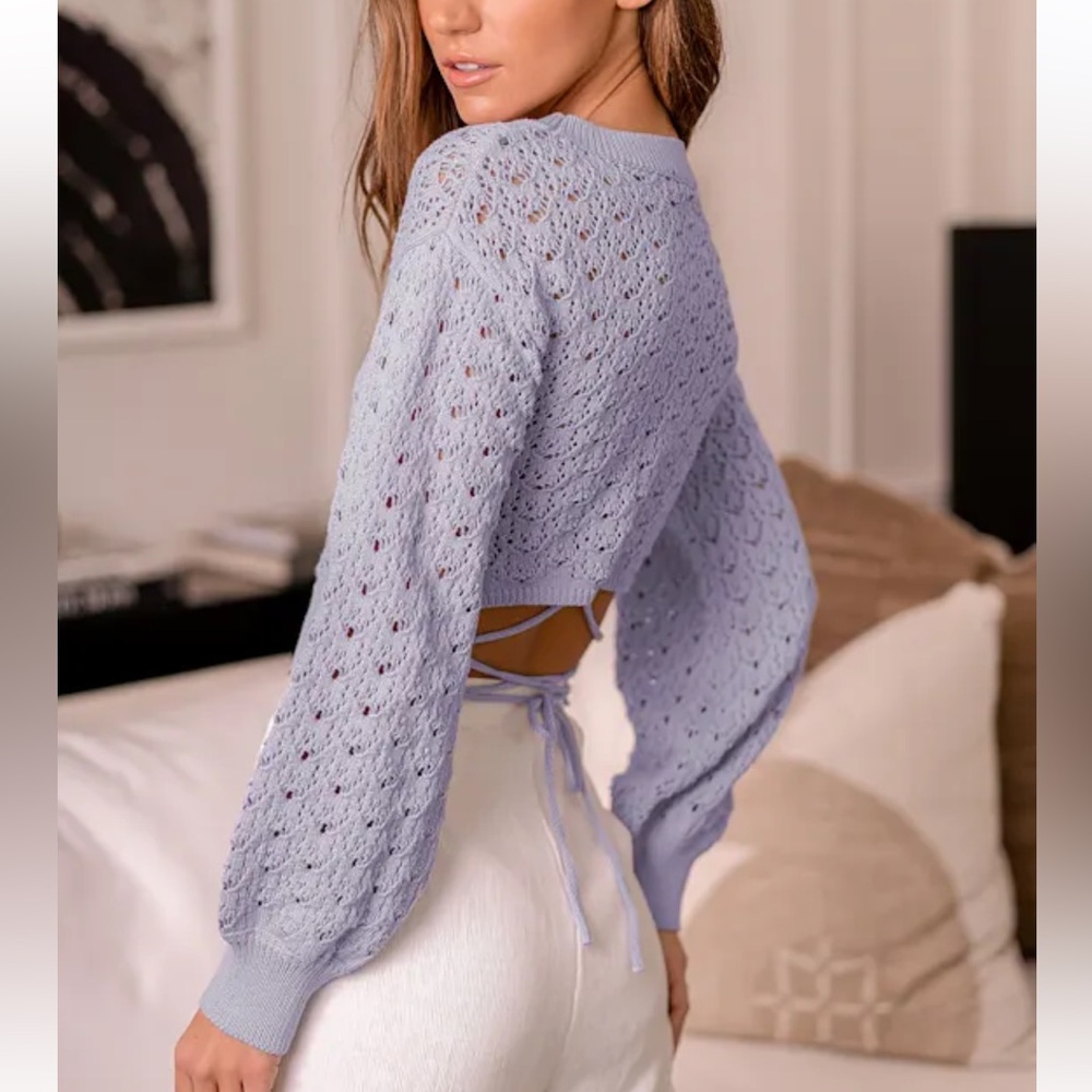 Lulu's Periwinkle Periwinkle Lace-Up Cropped Pointelle Sweater